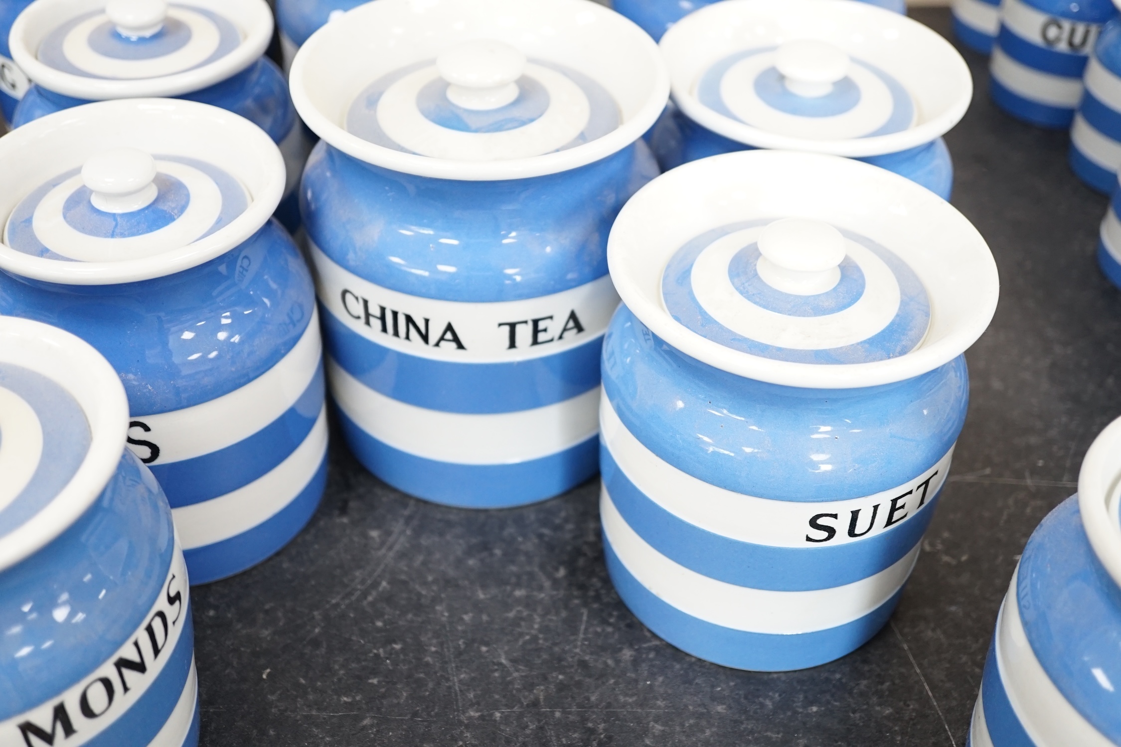 T.G.Green Cornish Kitchenware, fourteen lidded storage jars to include China Tea, Salt, Table Salt, Peel, Currants, Baking Powder and Ground Almonds, largest 14cm high, mixed marks. Condition - fair to good